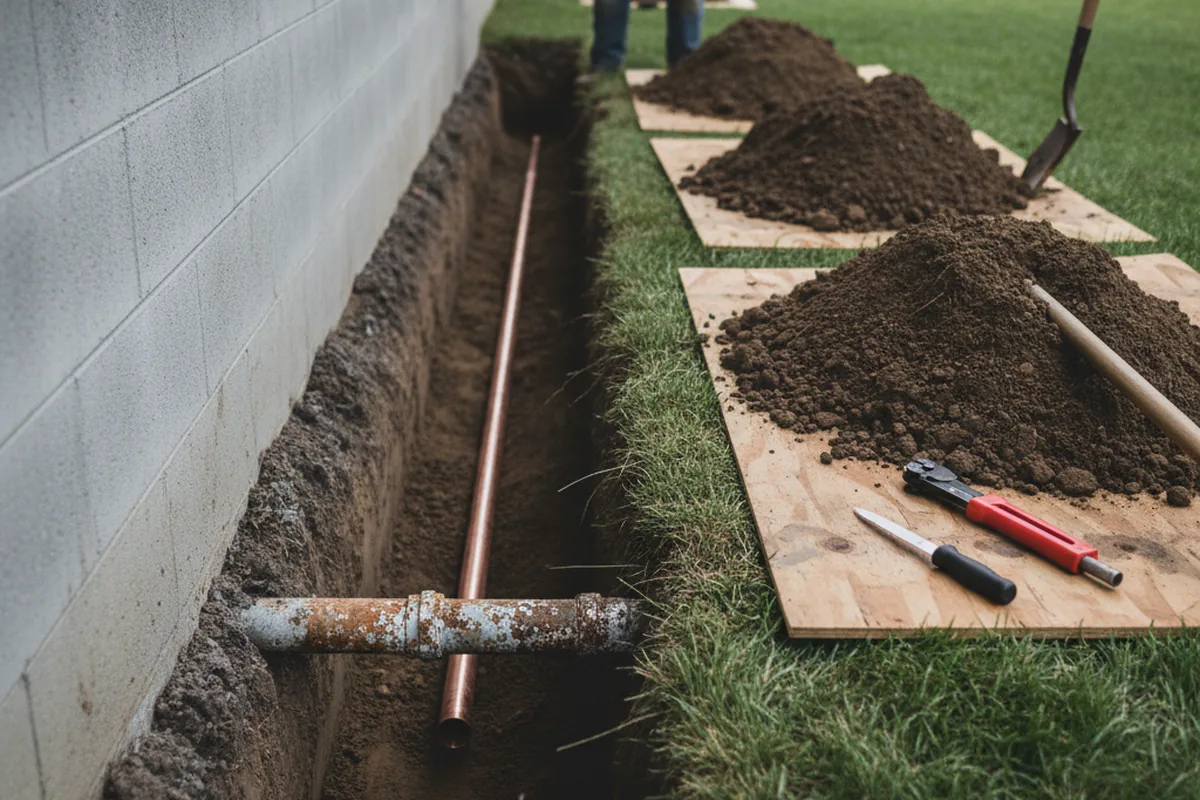 Excavated water line trench during Water Softener Installation in Shaniko